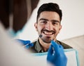 Portrait, man and hands of dentist with tools for dental, healthcare or check in clinic. Face smile, orthodontics and