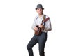 Man with hat plays the mandolin isolated on white Royalty Free Stock Photo