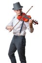 Man with hat plays the violin isolated on white Royalty Free Stock Photo