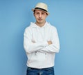 Portrait of a man in a hat, smile and cheerful emotions on his face