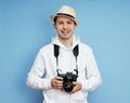 Portrait of a man in a hat, smile and cheerful emotions on his face