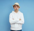 Portrait of a man in a hat, smile and cheerful emotions on his face