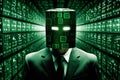 portrait of a man with hidden face and green abstract digital background, looks like a hacker, particles of light