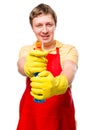 Portrait of a man housewife with spray for washing of glasses