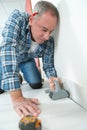 portrait man and laminated floor installer Royalty Free Stock Photo