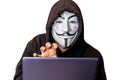 Portrait of man with laptop and vendetta mask isolated on white