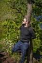 Portrait of a Man looking on view of Vltava river horseshoe shape  from Maj viewpoint in Czech republic Royalty Free Stock Photo