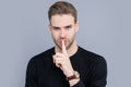 Portrait of man making silence gesture. Handsome man showing shhh with finger near lips