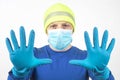 Portrait of a man in a medical mask with raised hands in protective gloves. clean hands and quarantine