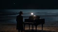 portrait of man playing piano at the beach at night generative AI Royalty Free Stock Photo