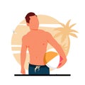 portrait of man posing with beach ball, flat design concept, vector illustration