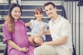 Portrait of man and pregnant of wife, asian handsome father take care mother and kid with couple and expect maternity have a happy Royalty Free Stock Photo