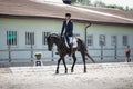 Man rider and black stallion horse trotting fast during equestrian dressage competition in summer Royalty Free Stock Photo