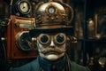 portrait of a man in steampunk style, wearing glasses and a hat with mechanical devices on the background, the concept of