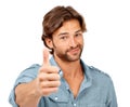 Portrait, man and thumbs up with success and hand sign, yes and thank you with feedback against white background. Happy Royalty Free Stock Photo