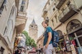 Portrait of man tourist with view of Galata tower in Beyoglu, Istanbul, Turkey. Turkiye