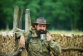 Portrait of man traveler with backpack hiking outdoor. Travel lifestyle countryside and adventure concept. Man drinking