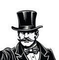 Portrait of man in vintage clothes. Victorian gentleman in cylinder. Black white engraving vector