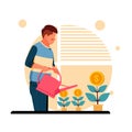 Portrait of man watering money plants, flat design concept. vector illustration Royalty Free Stock Photo