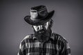 Portrait man wearing cowboy hat. Cowboys in hat. Handsome bearded macho. Man unshaven cowboys. Black and white. American Royalty Free Stock Photo