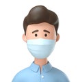 Portrait of man wearing medical mask for protection from coronavirus infection. 3D illustration of cartoon excited male character