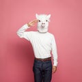 Portrait of man wearing white lama mask on pink background