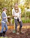 Portrait, man and woman for garden with agriculture in backyard with seeds, shovel and soil for nature. Happy people