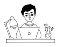 Portrait of man working at laptop at table with table lamp and cactus flowerpot. Vector illustration. linear hand drawn