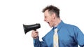 Portrait of a man yelling into a megaphone, side view. Isolated on white background Royalty Free Stock Photo