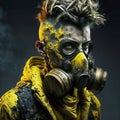 Portrait of a man in a yellow gas mask. Survivor of nuclear war. Generative AI