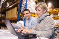 Portrait managers looking laptop in warehouse Royalty Free Stock Photo