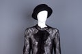 Portrait of mannequin with black lace blouse and hat. Royalty Free Stock Photo