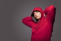 Portrait of Masculine Strong Tanned Caucasian Man in Red Hoody J