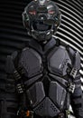 Portrait of a masked futuristic armored sci fi soldier with a studio background.