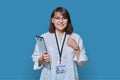 Female medical center worker with clipboard id card on white background Royalty Free Stock Photo