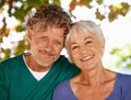 Portrait, mature couple and happy in nature garden, married person smile and relationship romance in outdoors. Care Royalty Free Stock Photo