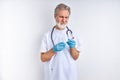 Portrait of mature doctor man with sampling tube of infected person corona virus in laboratory