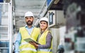 A portrait of an industrial man and woman engineer with tablet in a factory. Royalty Free Stock Photo