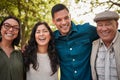 Portrait, mature parents and family laughing at funny comedy, nature humour or joke about park journey. Garden, forest