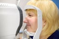 Portrait of mature woman during visit to optometrist for microscopic analysis of eyelids, sclera, conjunctiva, iris, lens, cornea