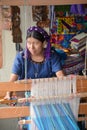 Portrait of a Mayan woman weaving a tissus Royalty Free Stock Photo