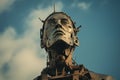portrait of a mechanical robot with a human face in the style of diesel punk against the sky