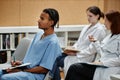 Med students sitting in row in audience during lecture or seminar Royalty Free Stock Photo