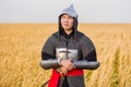 Portrait of a medieval warrior in armor with a weapon in his hands against the background of a wheat field and sky