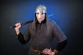 Portrait of a medieval warrior of the late Viking era and the beginning of the Crusades. Knight in chain mail and helmet