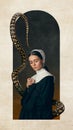 Portrait of medieval woman in image of nun with snake around her. Hidden sin and power. Contemporary art collage