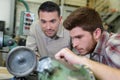 Portrait metal lathe maintenance workers Royalty Free Stock Photo