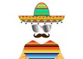 Portrait of Mexican man in sombrero and poncho with sun glasses, sketch illustration isolated on white background. Royalty Free Stock Photo