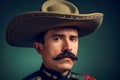 Portrait of a Mexican Soldier in Traditional 19th Century Attire with Mustache and Sombrero on Solid Studio Background