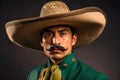 Portrait of a Mexican Soldier in Traditional 19th Century Attire with Mustache and Sombrero on Solid Studio Background